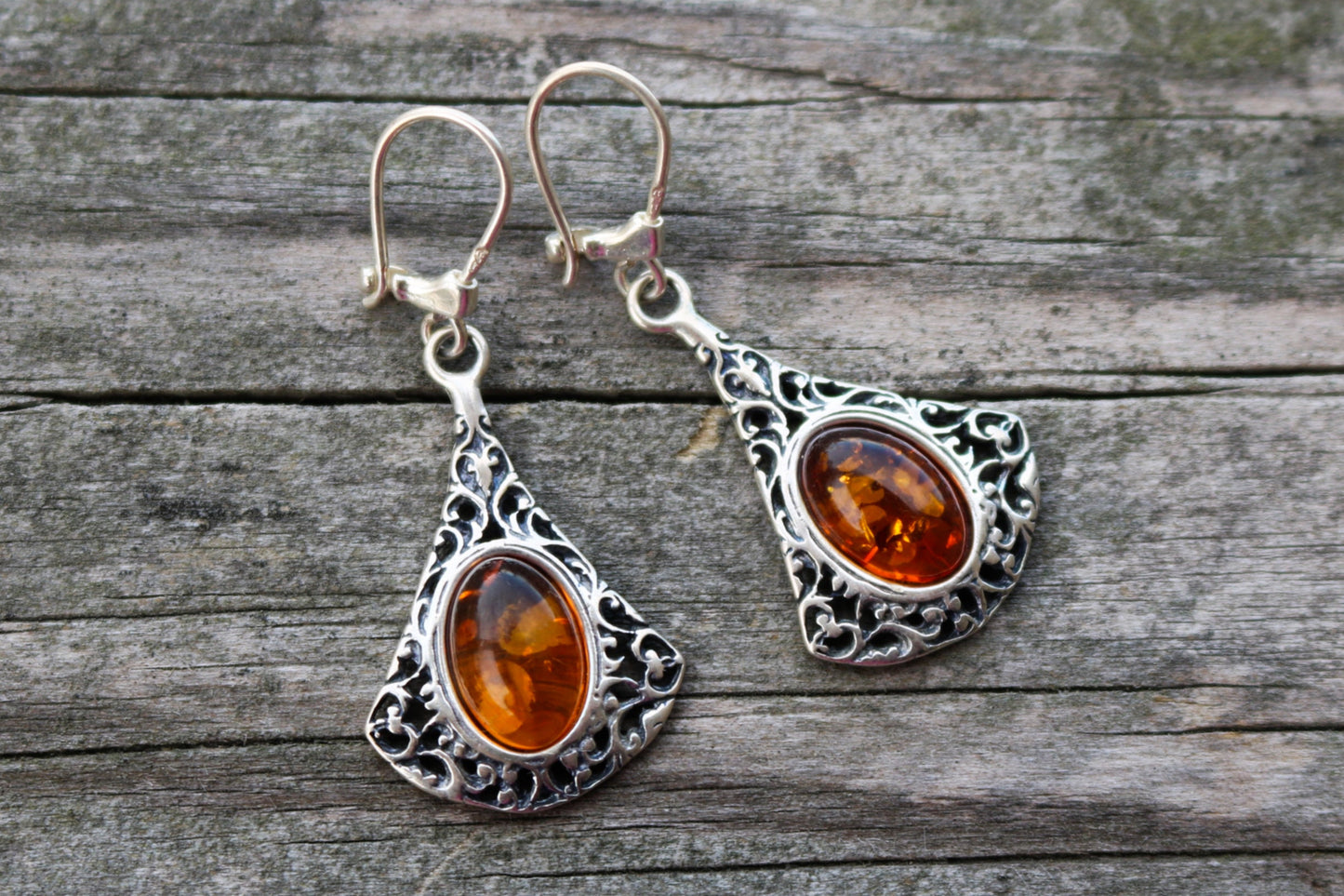 Baltic Amber Cognac Earrings Filigree 1.75" 5.5 gram 925 Silver