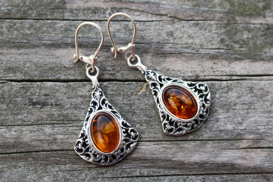 Baltic Amber Cognac Earrings Filigree 1.75" 5.5 gram 925 Silver