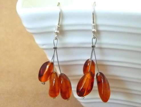 Baltic Amber Earrings Cognac Beads Natural Healing Jewelry 1.9" 925 silver