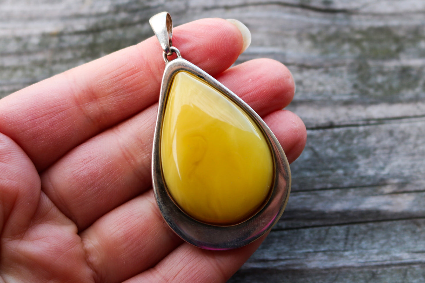 Baltic Amber Pendant Butterscotch Drop Unisex Natural Untreated 2.4" 19.6 gram 925 Silver