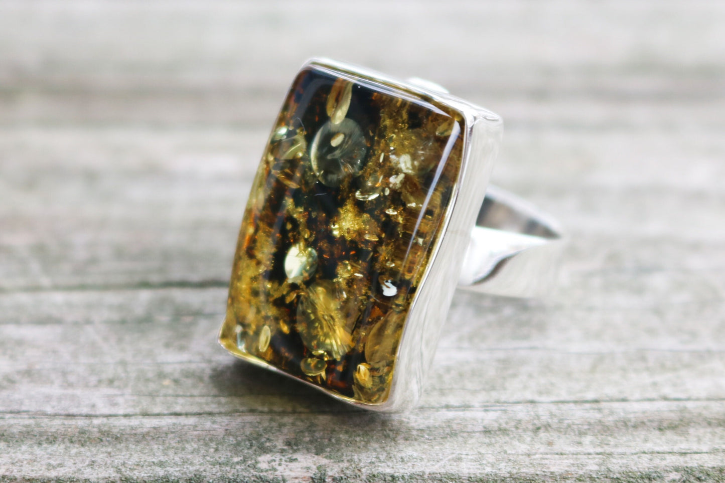 Baltic Amber Ring Green Rectangle Adjustable Unisex 12.3 gram 925 Silver