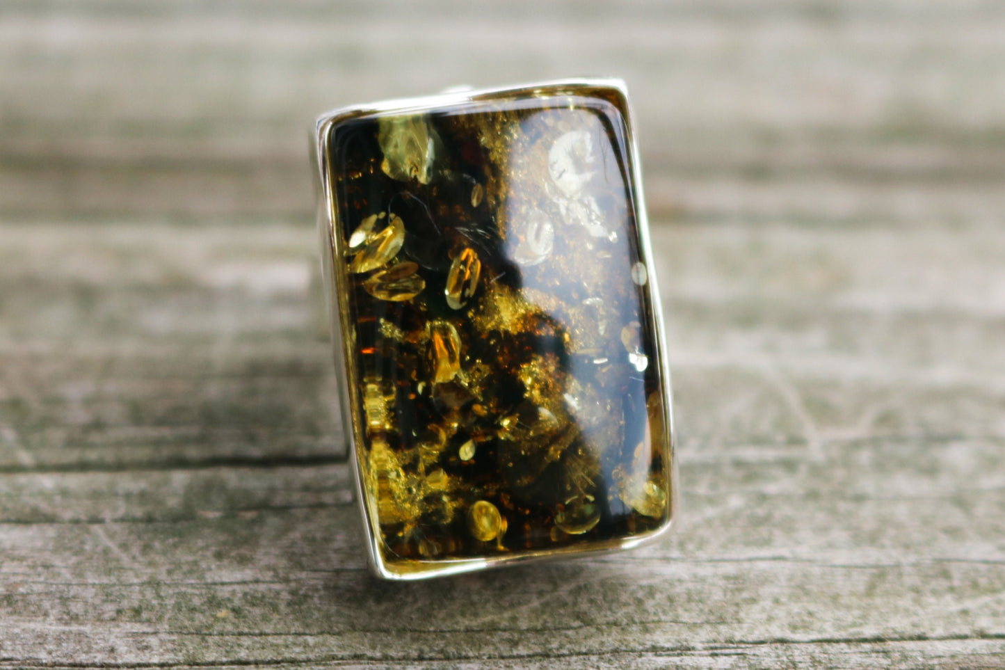 Baltic Amber Ring Green Rectangle Adjustable Unisex 12.3 gram 925 Silver