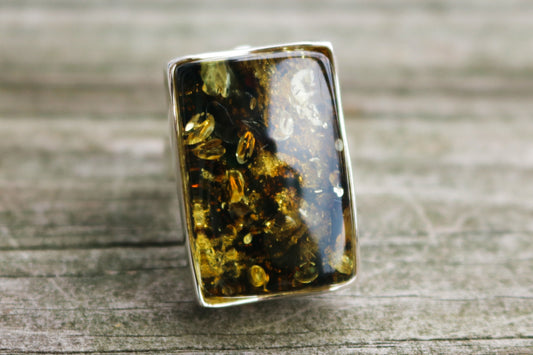 Baltic Amber Ring Green Rectangle Adjustable Unisex 12.3 gram 925 Silver