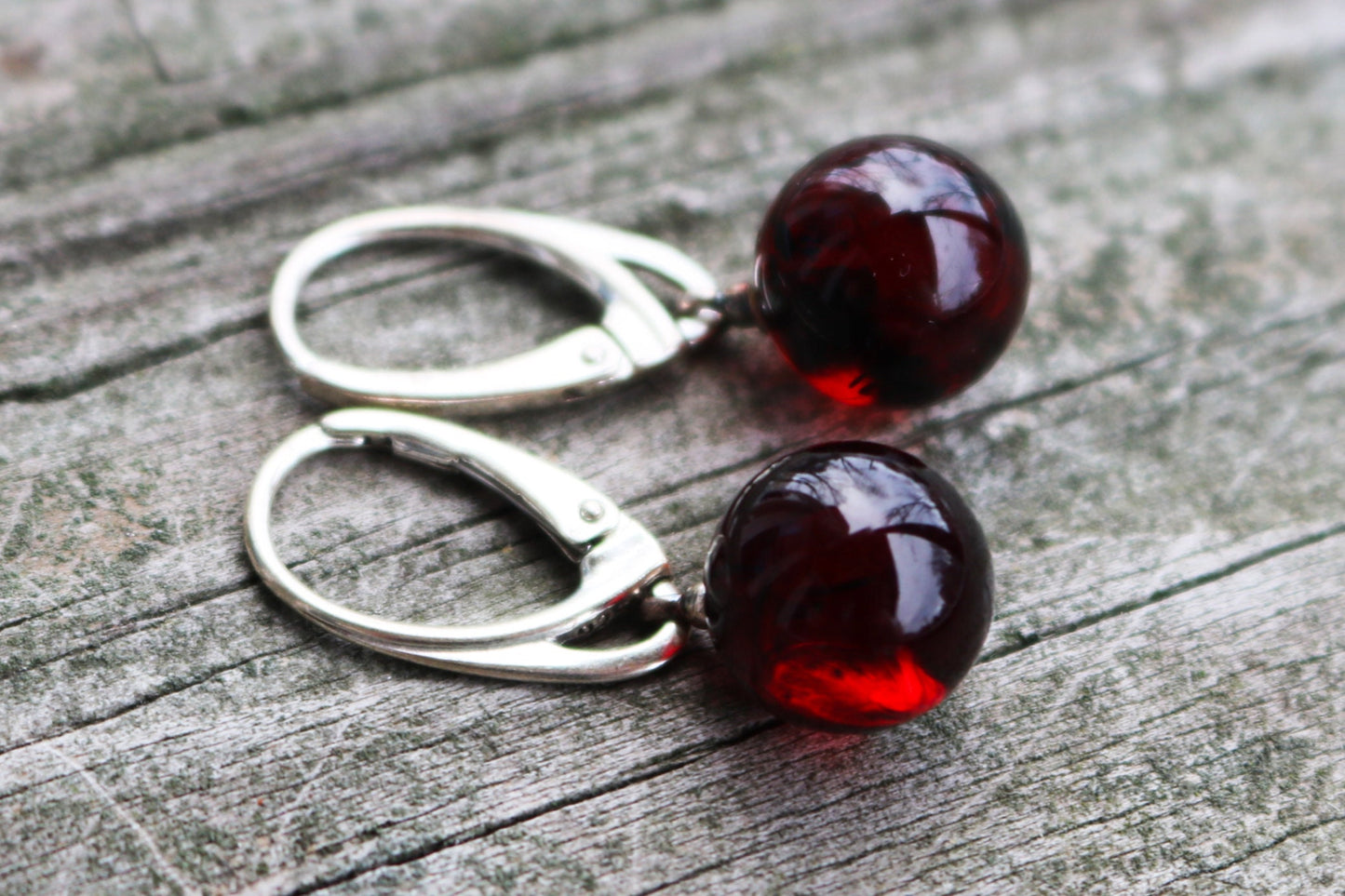 Baltic Amber Earrings Cherry Ball Dangling Natural Jewelry 1.2" 10 mm 925 Silver