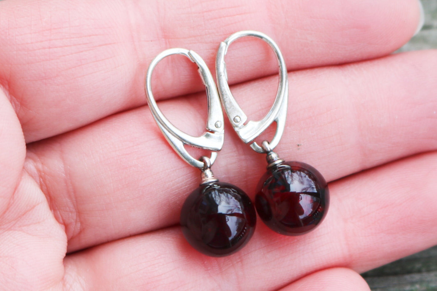 Baltic Amber Earrings Cherry Ball Dangling Natural Jewelry 1.2" 10 mm 925 Silver