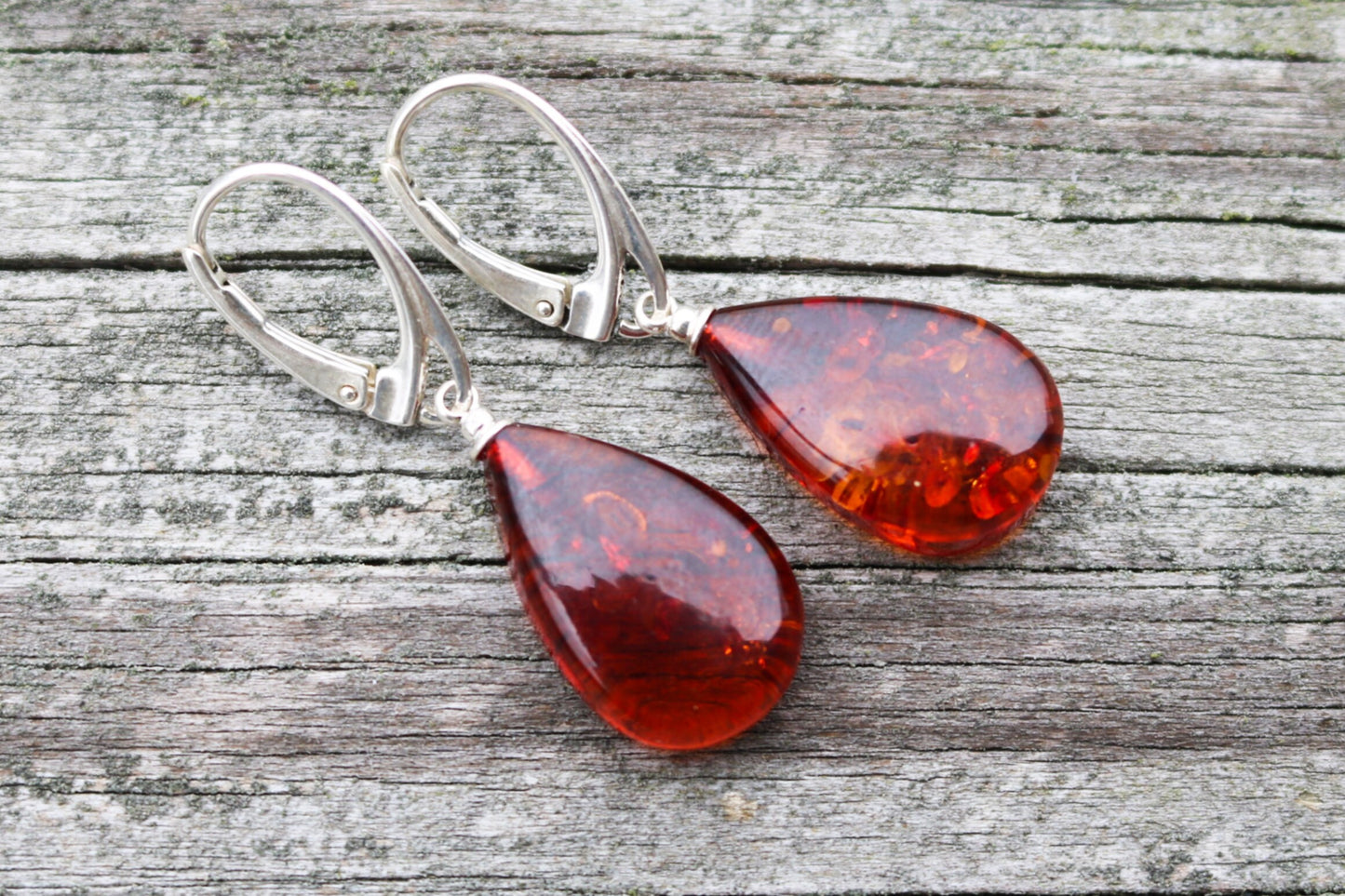 Baltic Amber Earrings Cognac Drop Natural Sparkling Jewelry 1.52" 3.2 gram 925 Silver