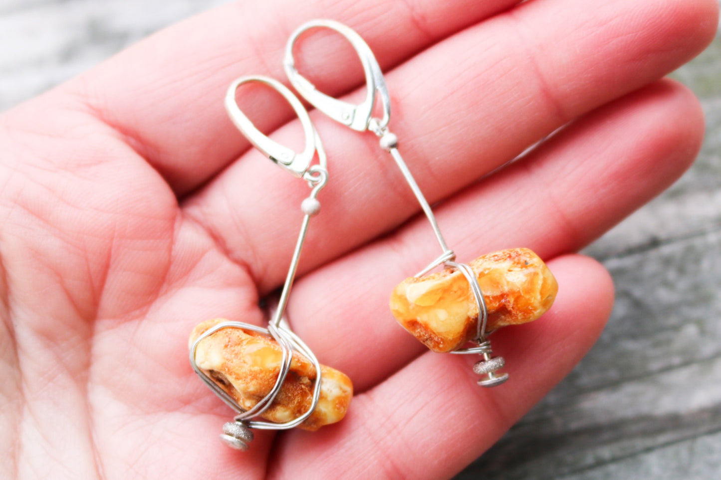 Baltic Amber Earrings Butterscotch Yellow Natural Untreated Nugget Raw 2.1" 6.1 gram 925 Silver