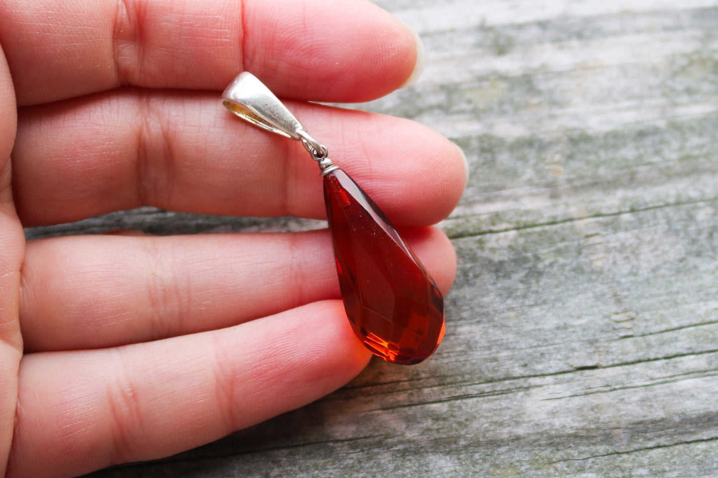 Baltic Amber Pendant Cognac Drop Faceted Natural Untreated Unisex Jewelry 1.88" 2.9 gram 925 Silver