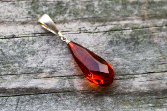 Baltic Amber Pendant Cognac Drop Faceted Natural Untreated Unisex Jewelry 1.88" 2.9 gram 925 Silver