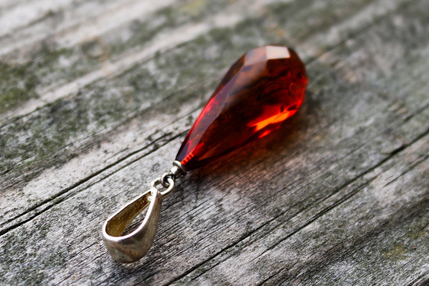 Baltic Amber Pendant Cognac Drop Faceted Natural Untreated Unisex Jewelry 1.88" 2.9 gram 925 Silver