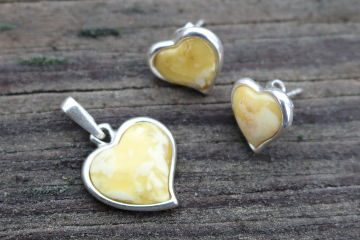 Baltic Amber Jewelry Set Butterscotch Heart Pendant and Earrings Natural 925 Silver