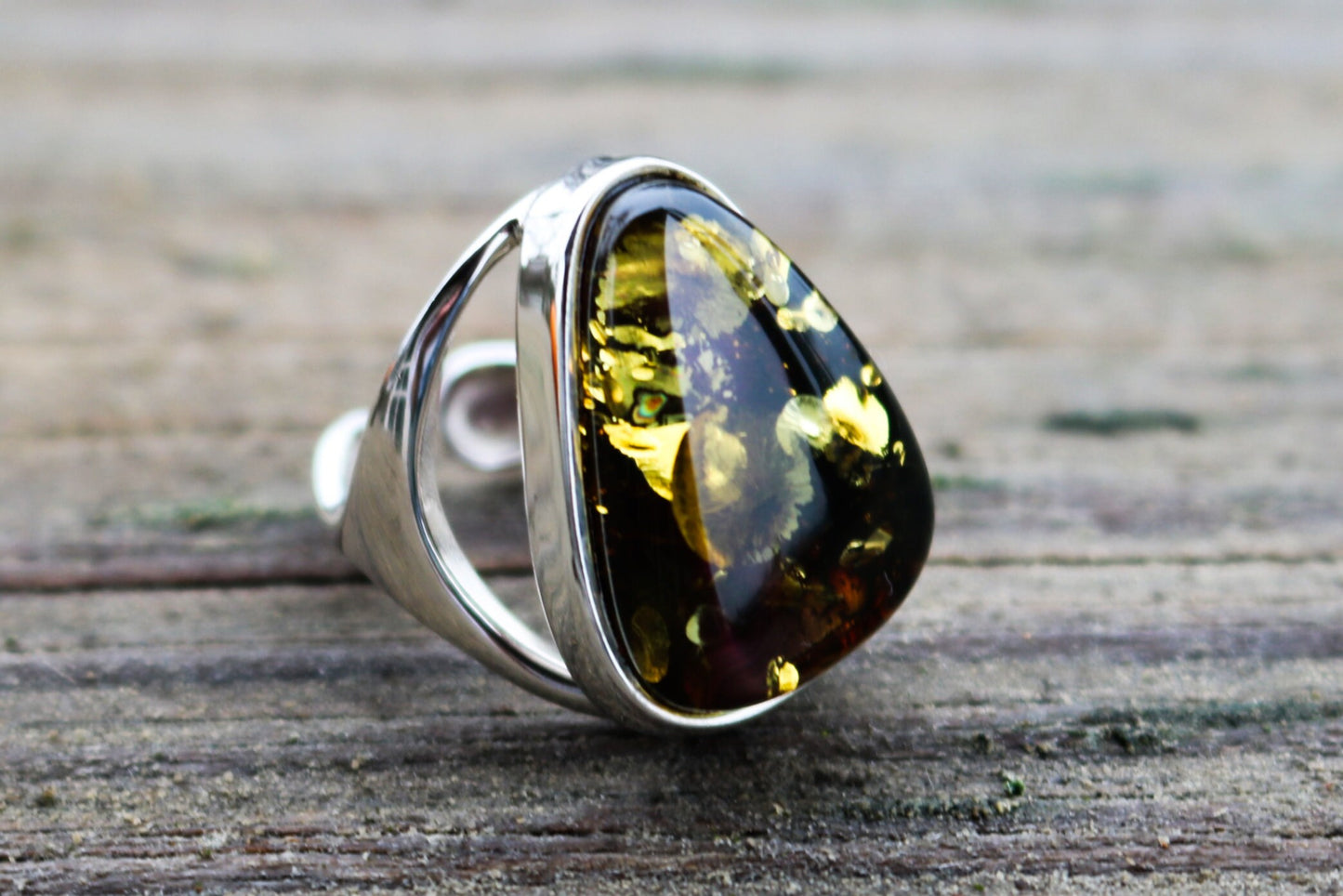 Baltic Amber Ring Green Triangle Adjustable Sparkling Jewelry 925 Silver 10.2 gram