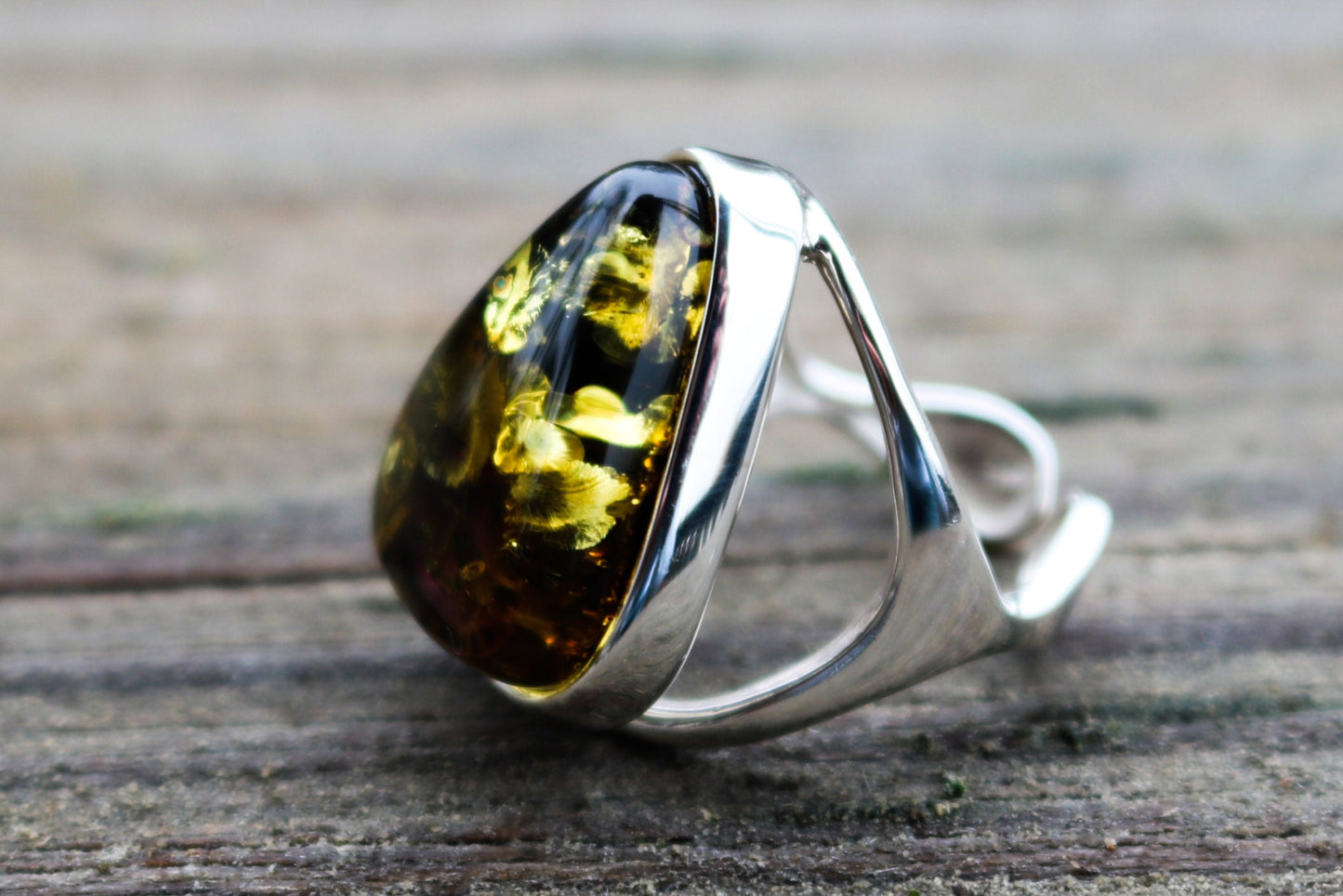 Baltic Amber Ring Green Triangle Adjustable Sparkling Jewelry 925 Silver 10.2 gram