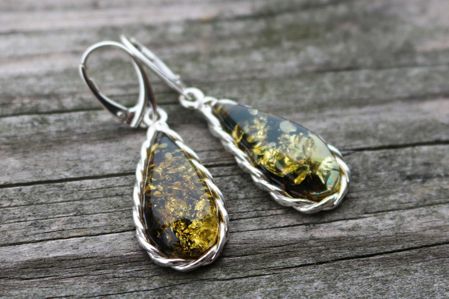 Baltic Amber Green Earrings Drop Sparkling 925 Silver 2.04" 7.7 gram