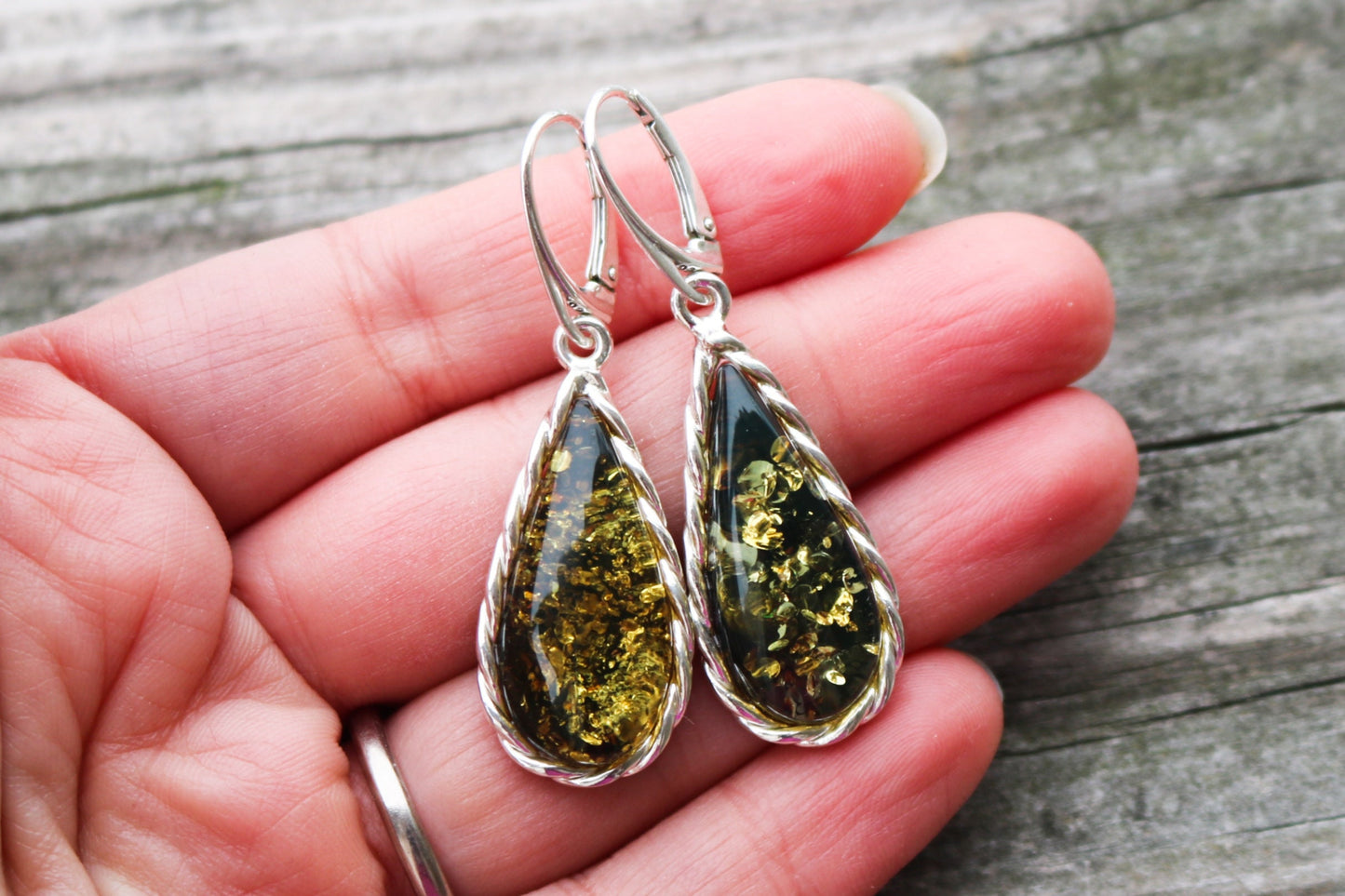 Baltic Amber Green Earrings Drop Sparkling 925 Silver 2.04" 7.7 gram