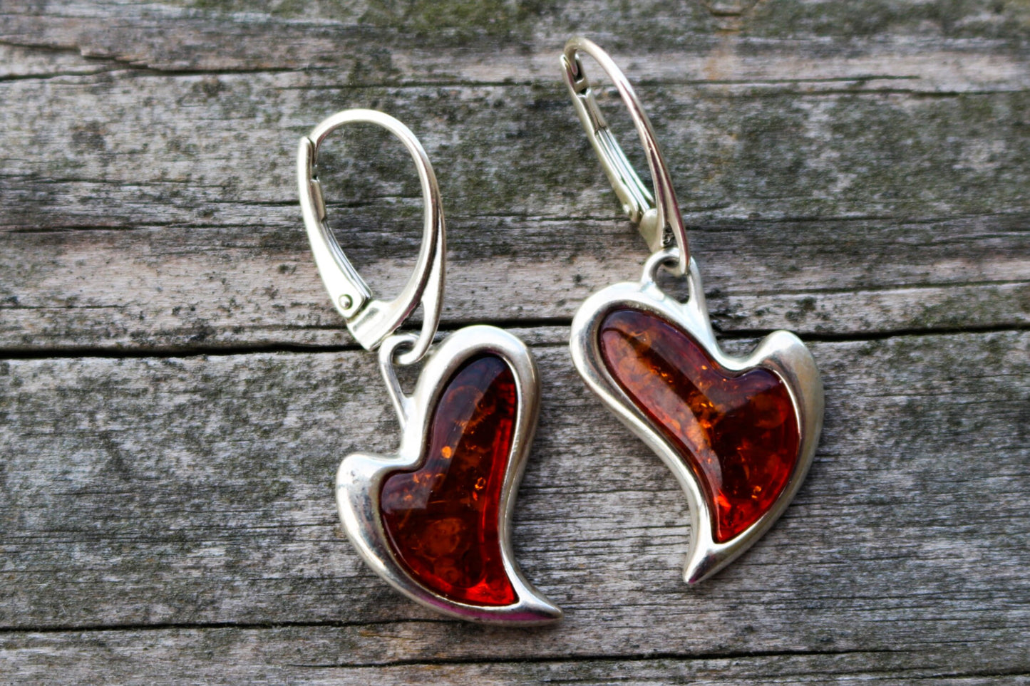 Baltic Amber Earrings Heart Cognac Dangling Natural 1.38" 925 Silver