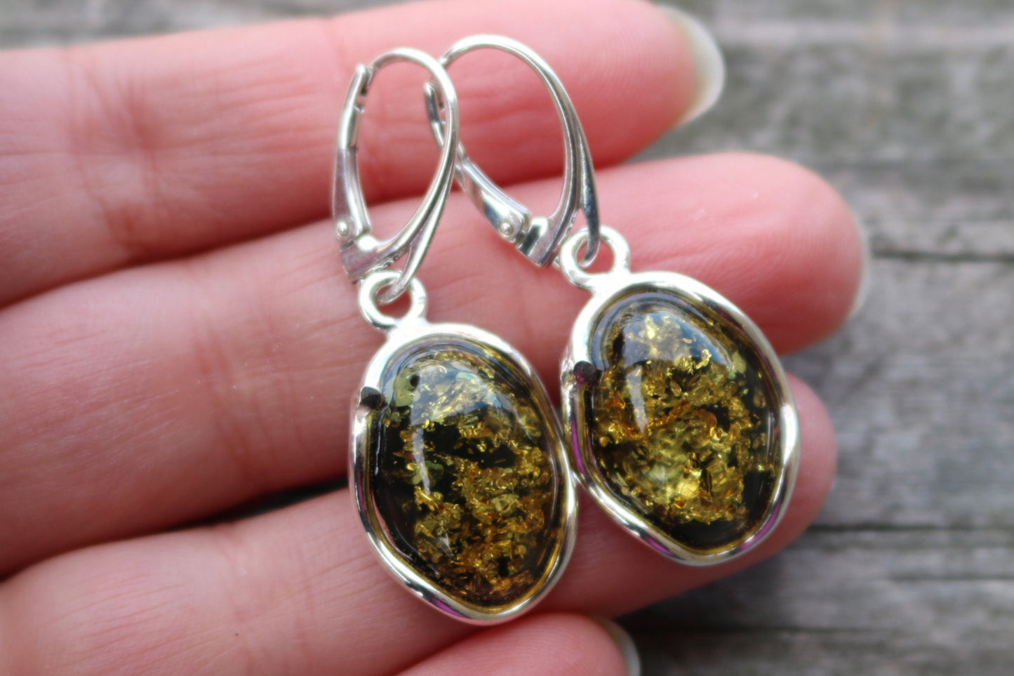 Baltic Amber Earrings Green Oval Natural Jewelry 1.6" 5.5 gram 925 Silver