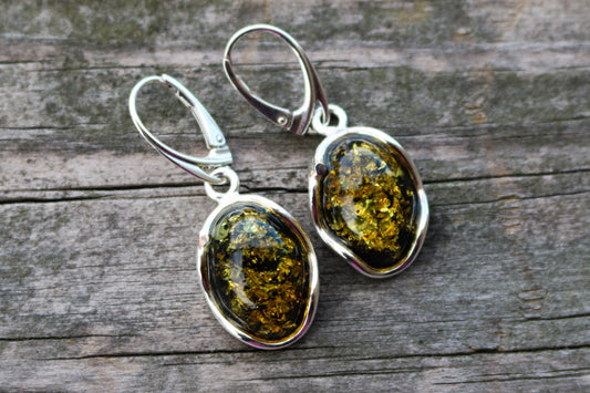 Baltic Amber Earrings Green Oval Natural Jewelry 1.6" 5.5 gram 925 Silver