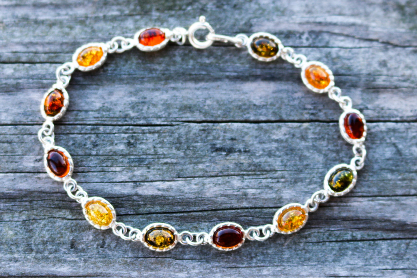 Baltic Amber Silver Bracelet Multicolor 7.7″ 925 Silver