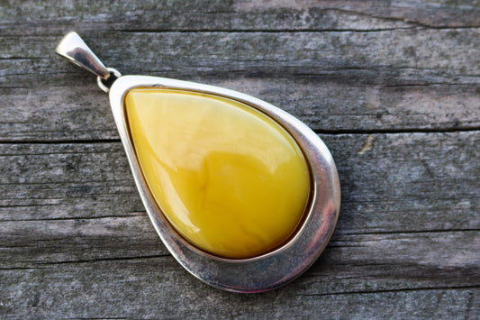 Baltic Amber Pendant Butterscotch Drop Unisex Natural Untreated 2.4" 19.6 gram 925 Silver