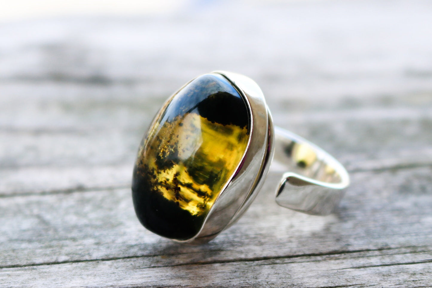 Baltic Amber Green Ring Adjustable Oval Jewelry 925 Silver 10.1 gram