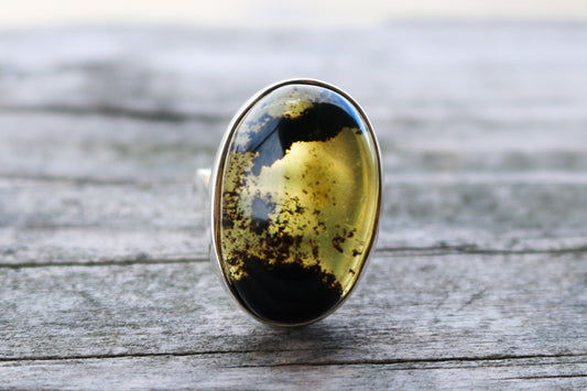 Baltic Amber Green Ring Adjustable Oval Jewelry 925 Silver 10.1 gram