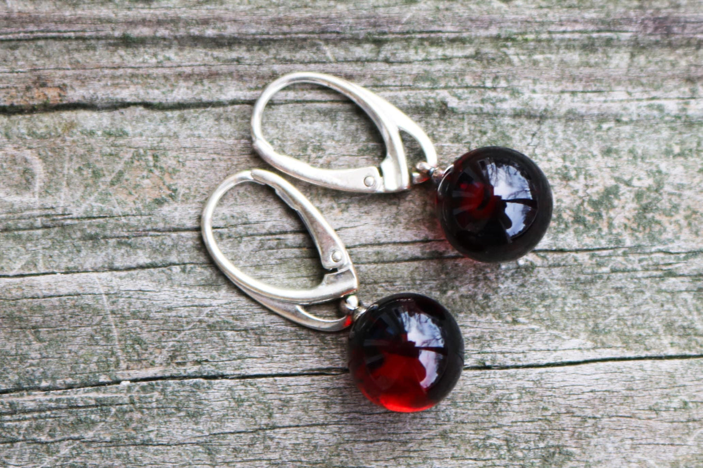 Baltic Amber Earrings Cherry Ball Dangling Natural Jewelry 1.2" 10 mm 925 Silver