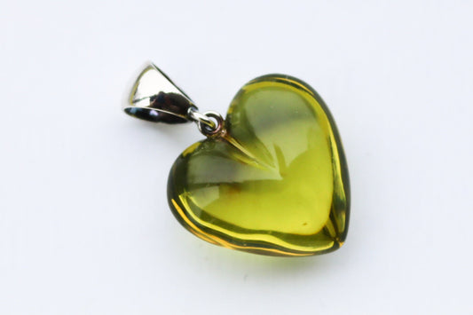 Baltic Amber Heart Pendant Green Carved Jewelry 1.44" 4.8 gram 925 Silver