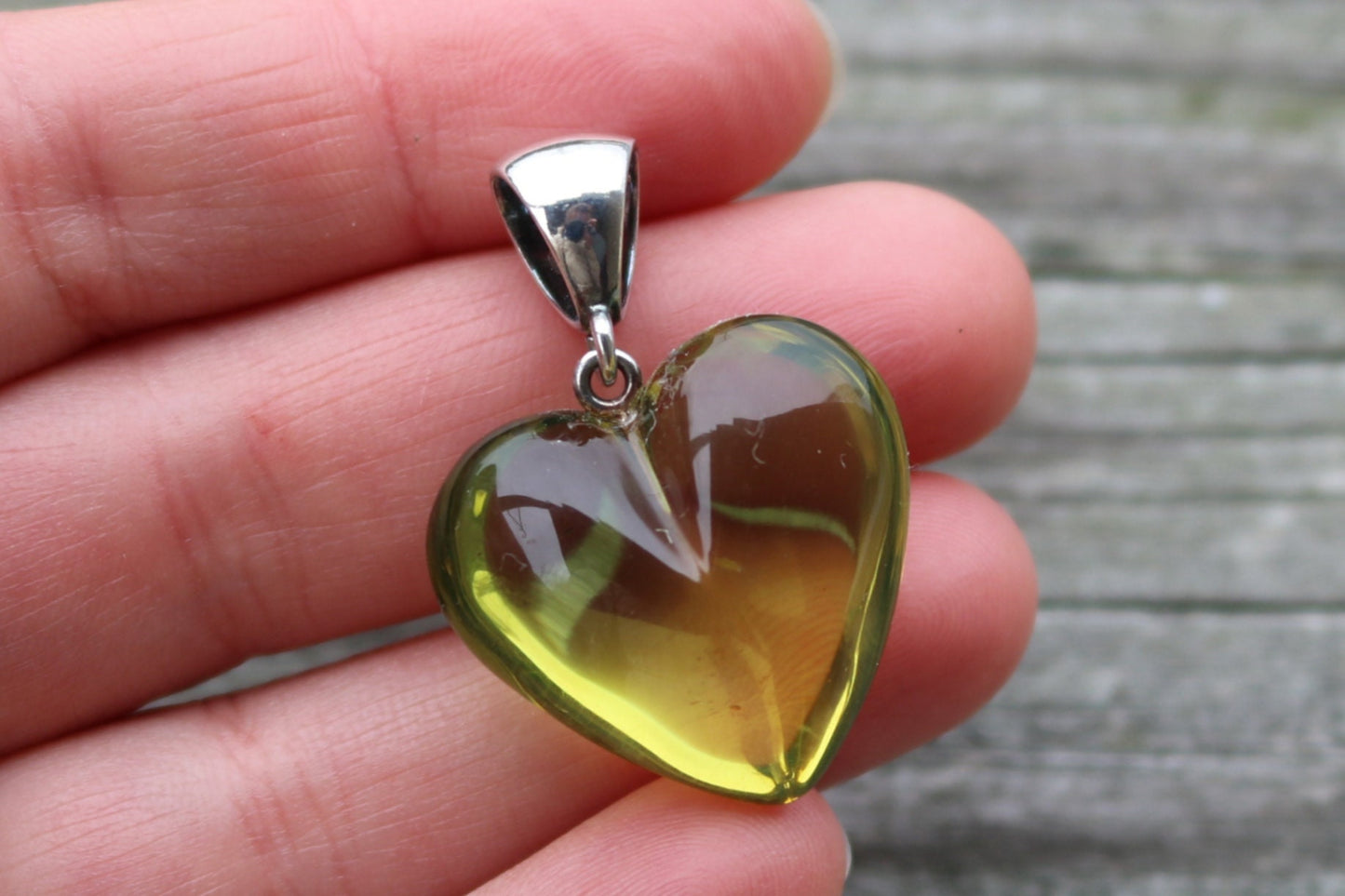 Baltic Amber Heart Pendant Green Carved Jewelry 1.44" 4.8 gram 925 Silver