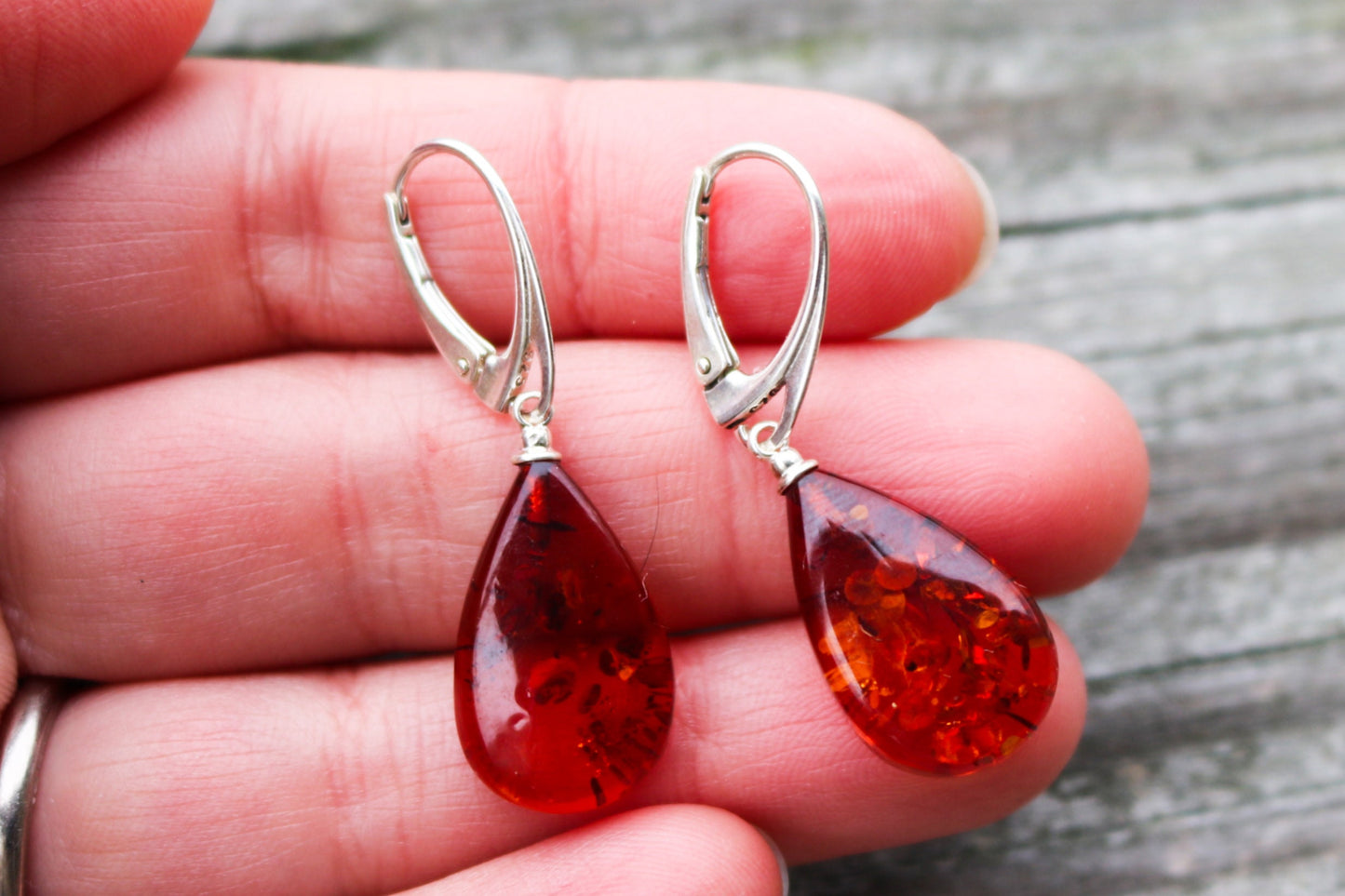 Baltic Amber Earrings Cognac Drop Natural Sparkling Jewelry 1.52" 3.2 gram 925 Silver