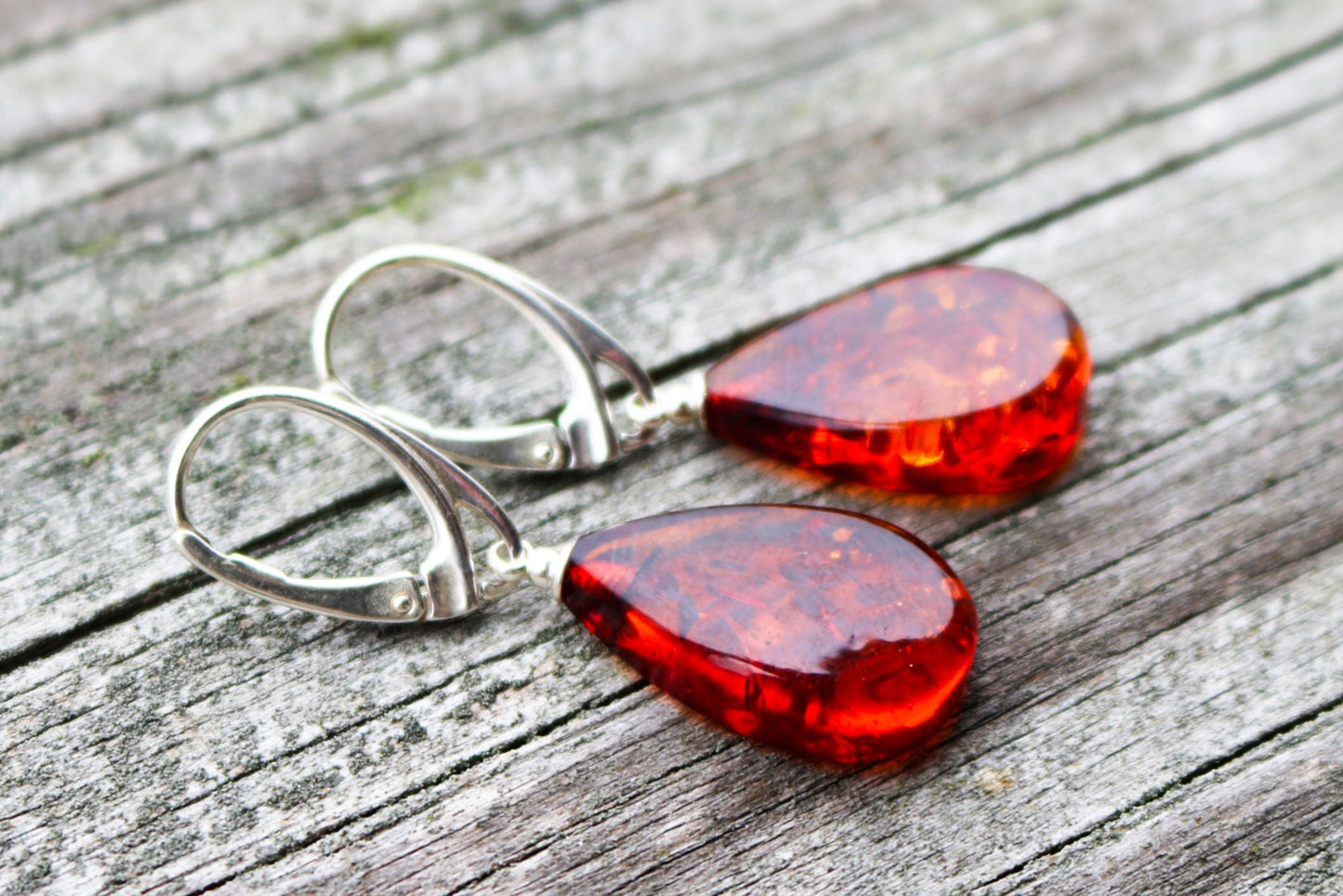 Baltic Amber Earrings Cognac Drop Natural Sparkling Jewelry 1.52" 3.2 gram 925 Silver