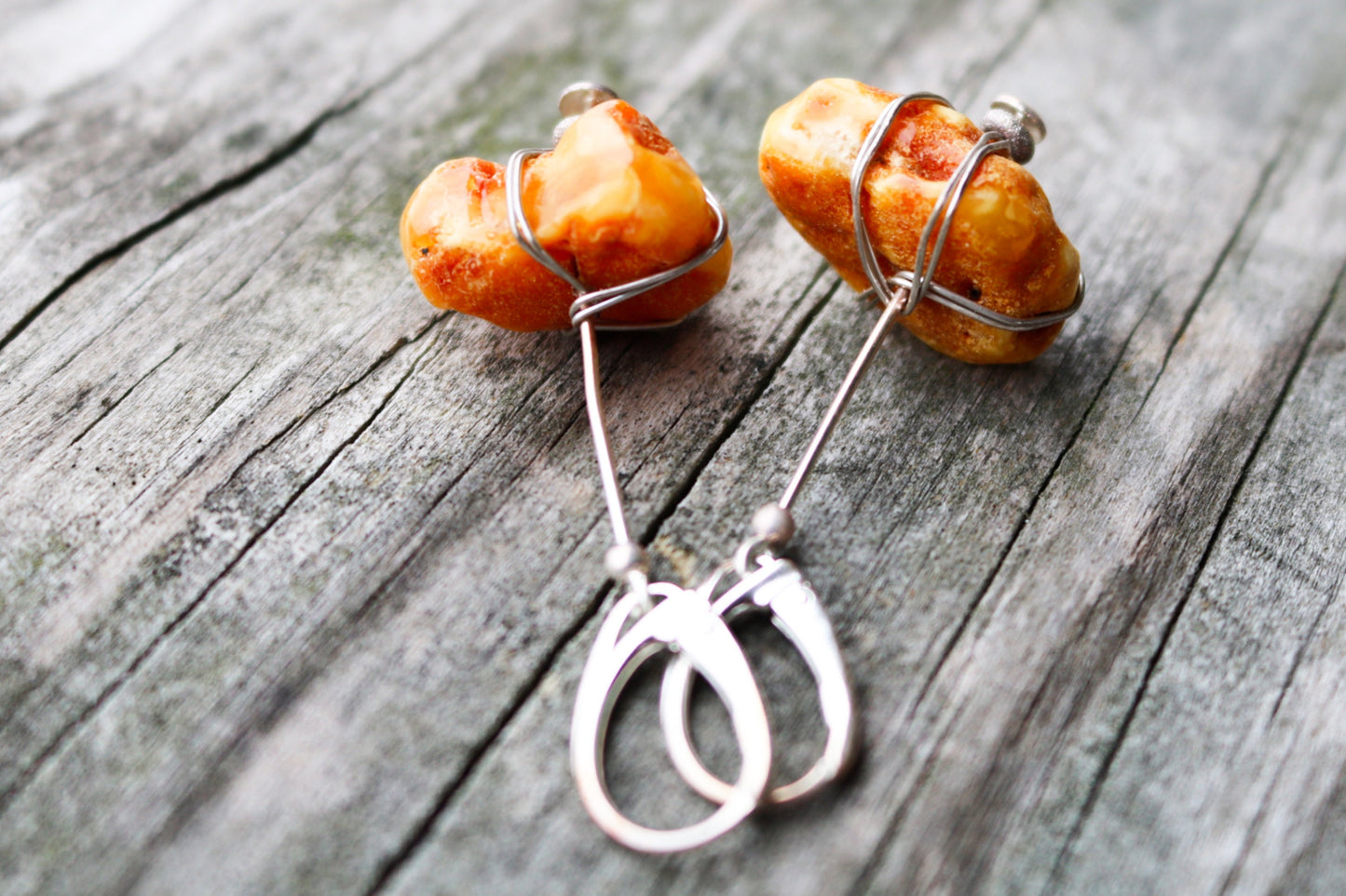 Baltic Amber Earrings Butterscotch Yellow Natural Untreated Nugget Raw 2.1" 6.1 gram 925 Silver