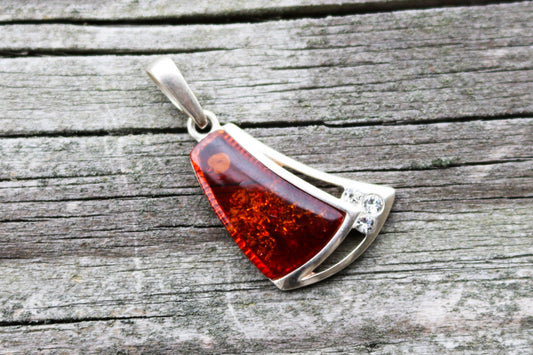 Baltic Amber Cognac Pendant Silver Natural 1.3" 2.7 gram