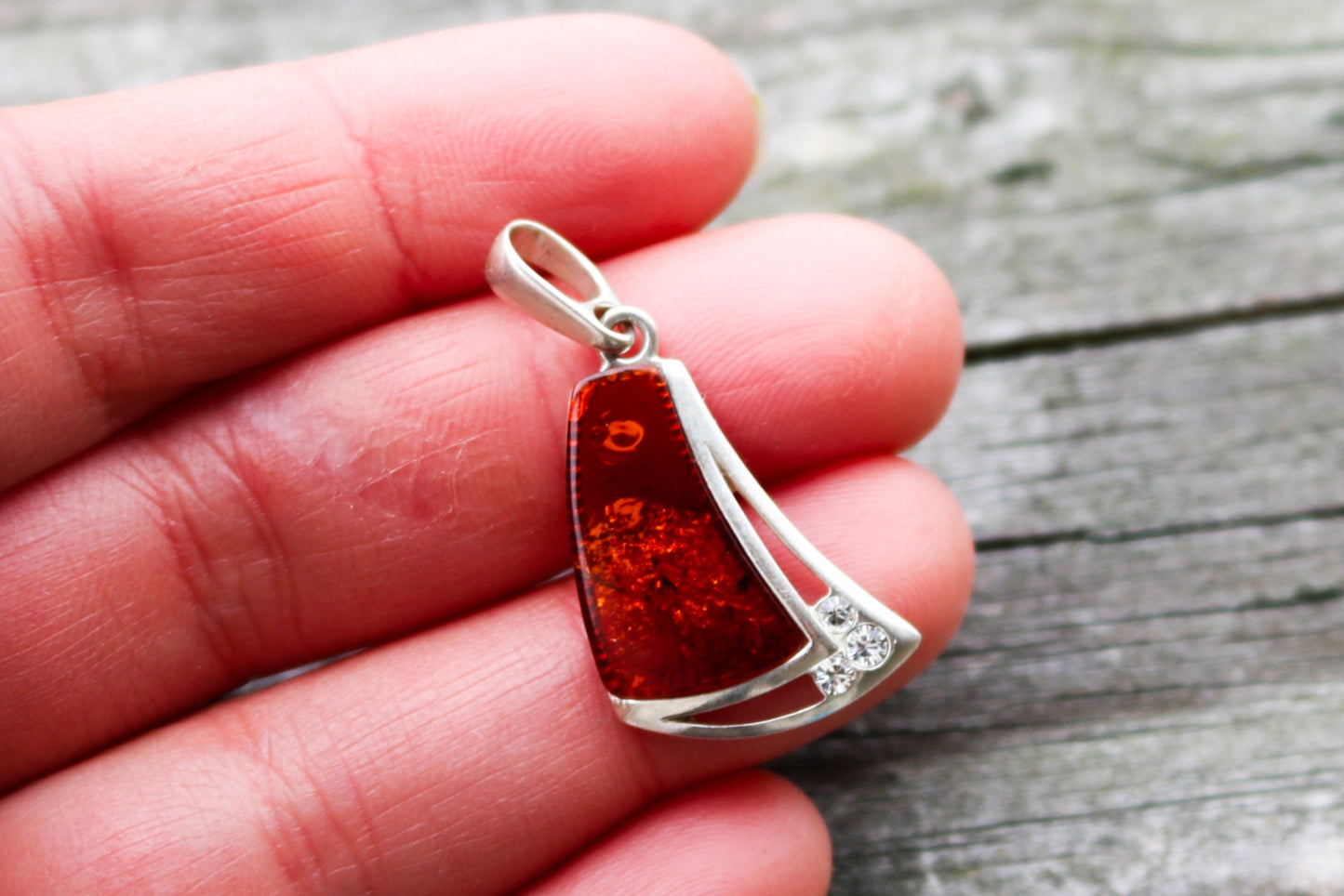 Baltic Amber Cognac Pendant Silver Natural 1.3" 2.7 gram