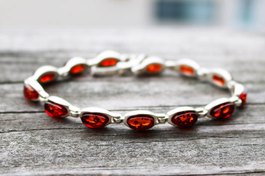 Baltic Amber Chain Bracelet Cognac Jewelry 7.7″ 925 Silver 10.8 gram