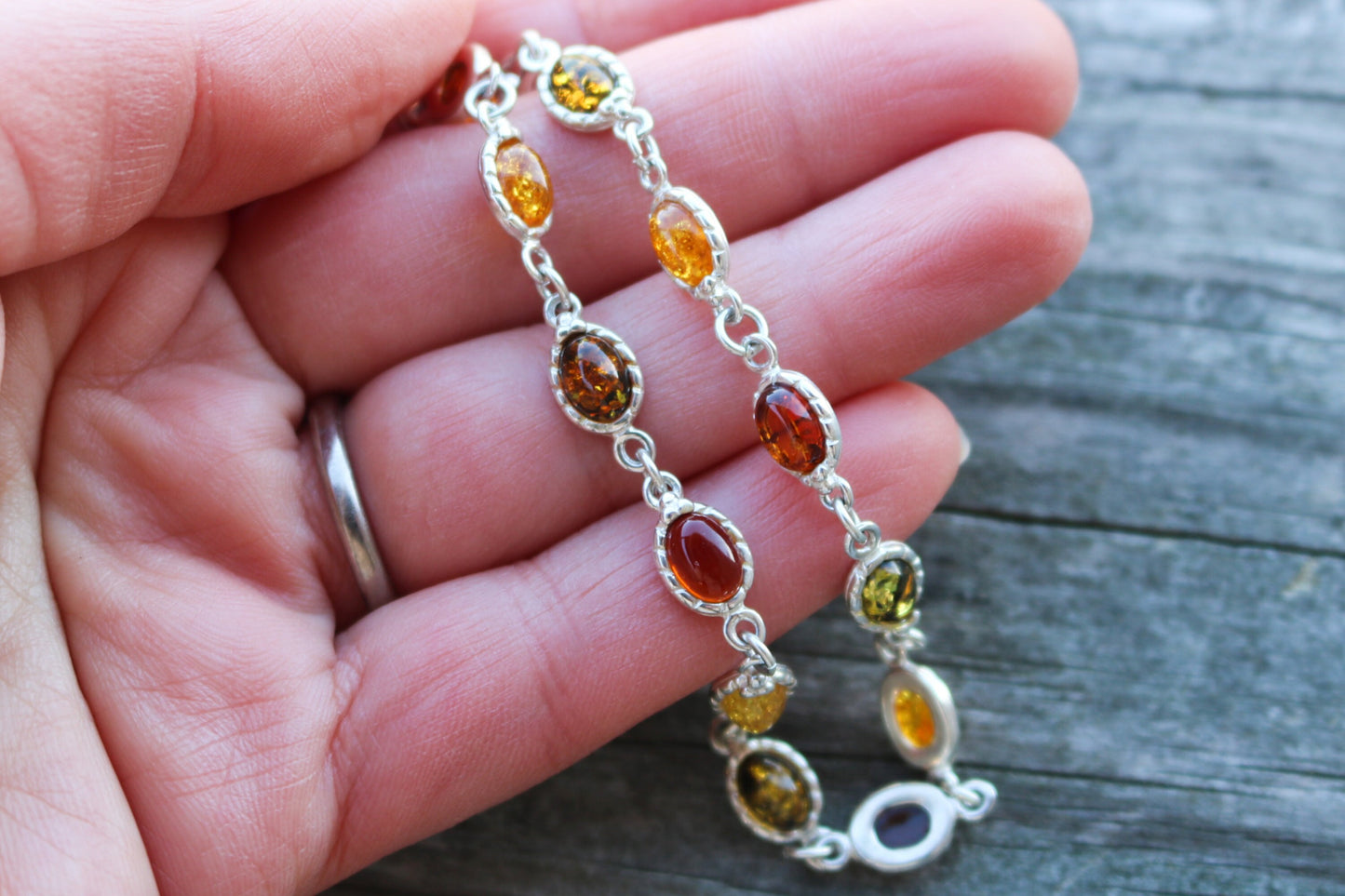 Baltic Amber Silver Bracelet Multicolor 7.7″ 925 Silver