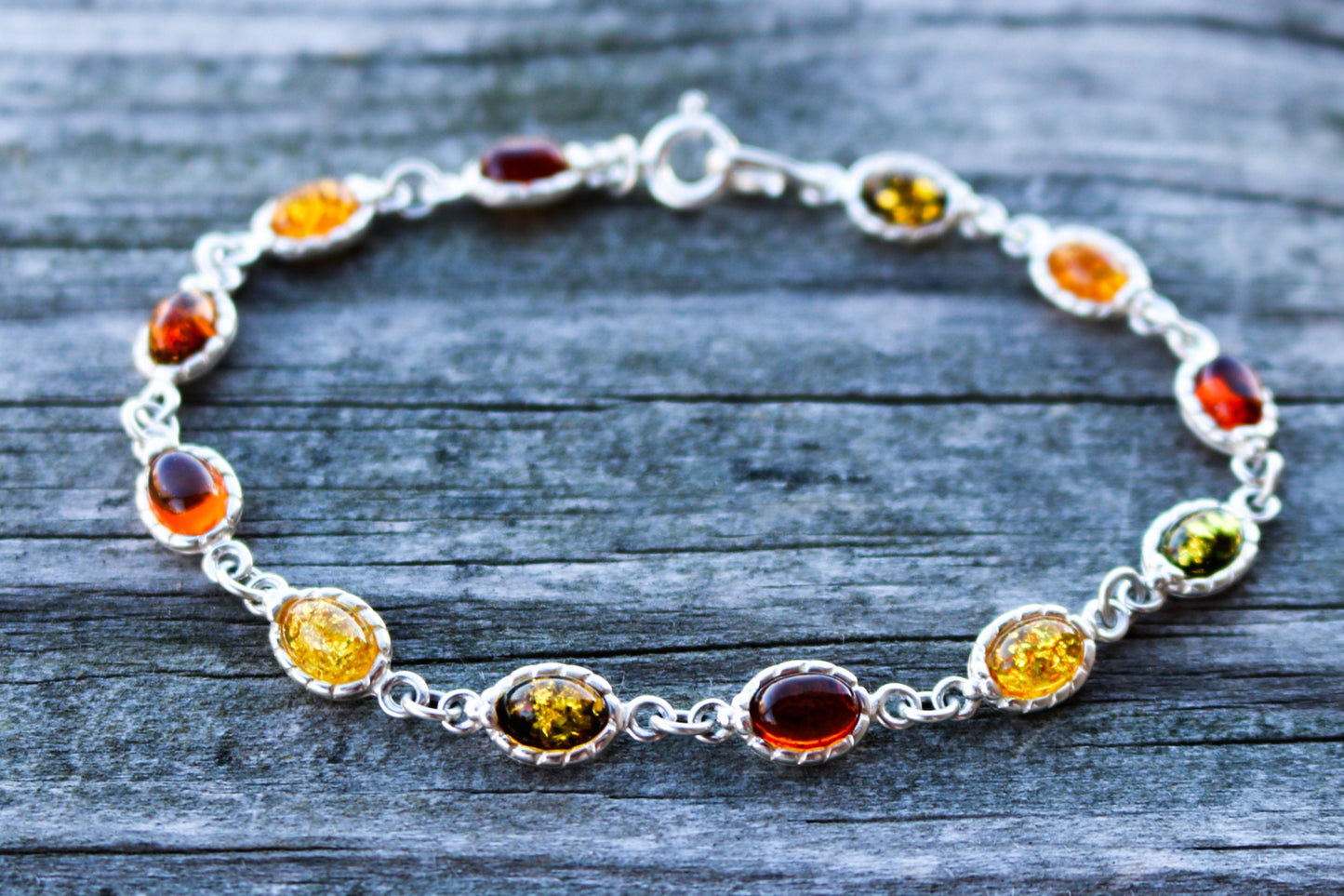 Baltic Amber Silver Bracelet Multicolor 7.7″ 925 Silver