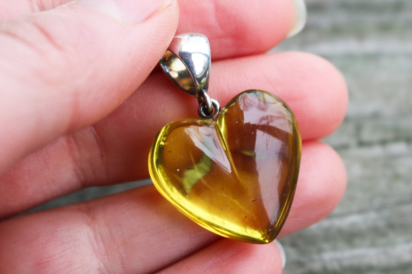 Baltic Amber Heart Pendant Green Full Shape Jewelry 1.44" 4.4 gram 925 Silver