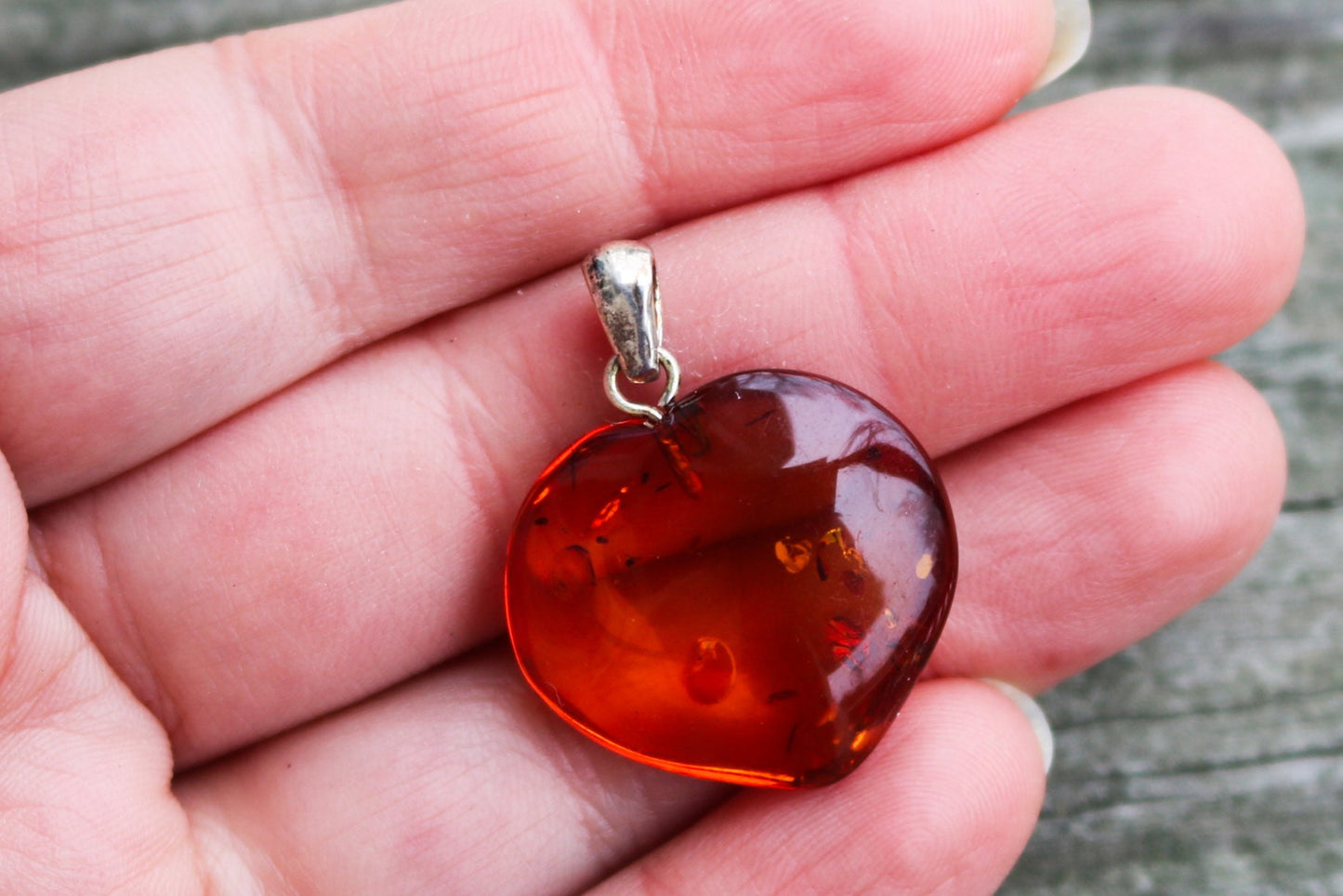 Baltic Amber Heart Pendant Cognac Natural Jewelry 1.23″ 2.6 gram 925 Silver