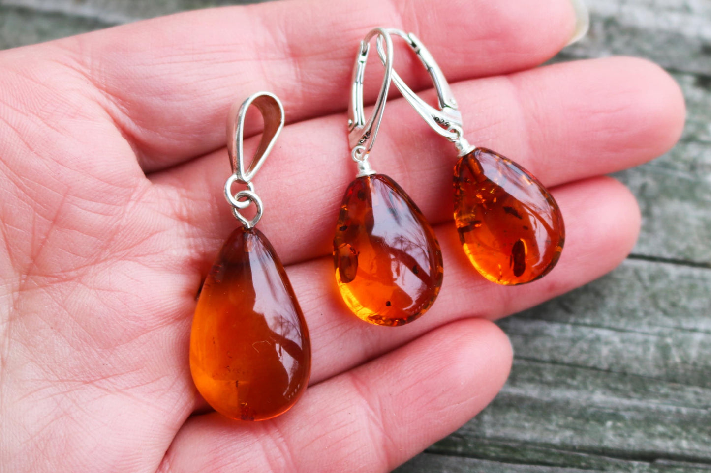 Baltic Amber Jewelry Set Honey Pendand Earrings Drop Natural 7.2 gram 925 Silver