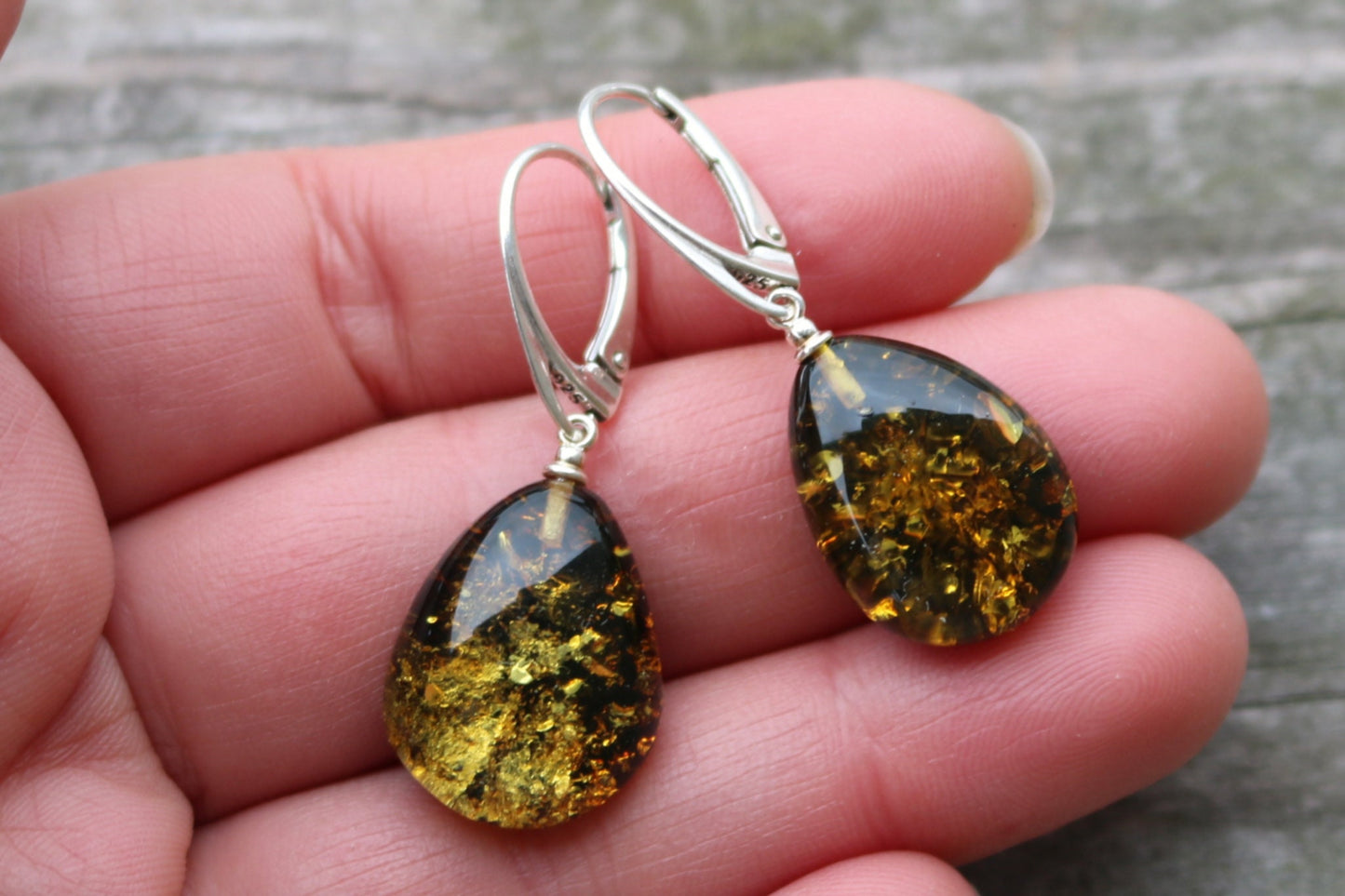 Baltic Amber Green Earrings Drops Sparkling 1.56" 3.6 gram