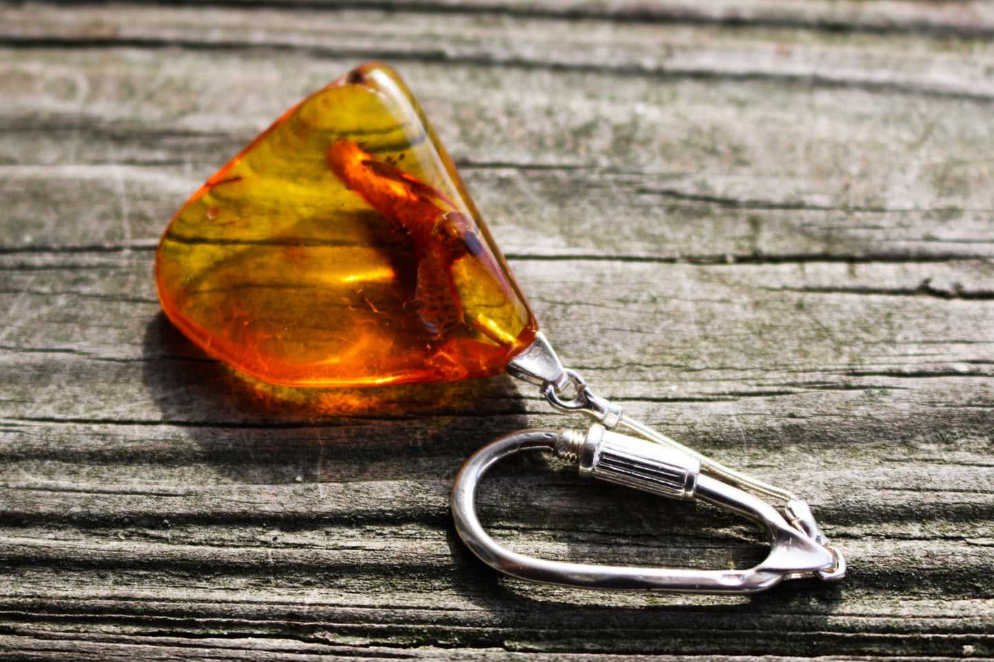 Baltic Amber Keychain Fossil Plant Twig Inclusions Natural 9.5 gram 925 Silver