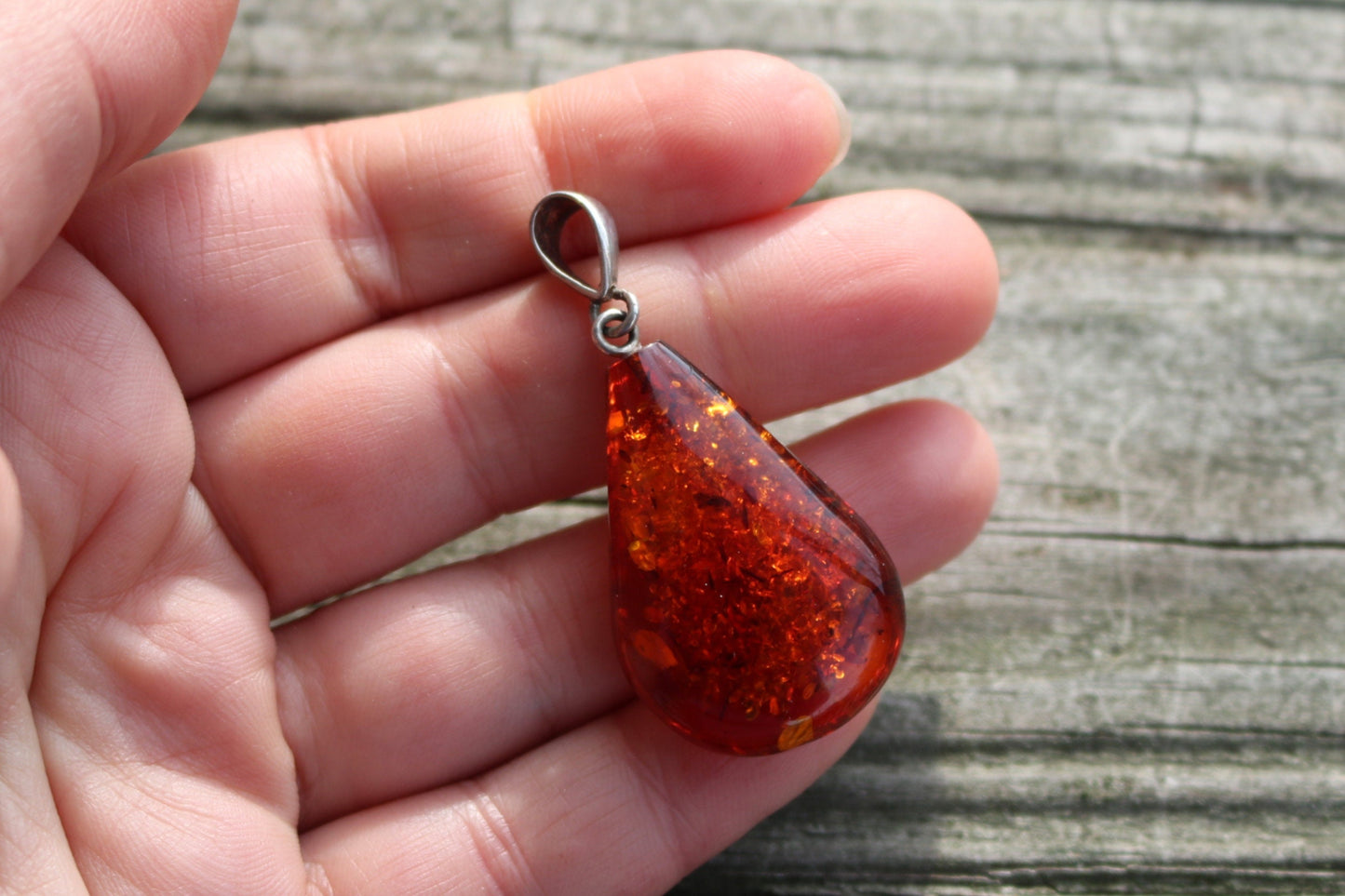 Baltic Amber Pendant Cognac Drop Sparkling Jewelry Unisex 1.95" 4.7 gram 925 Silver