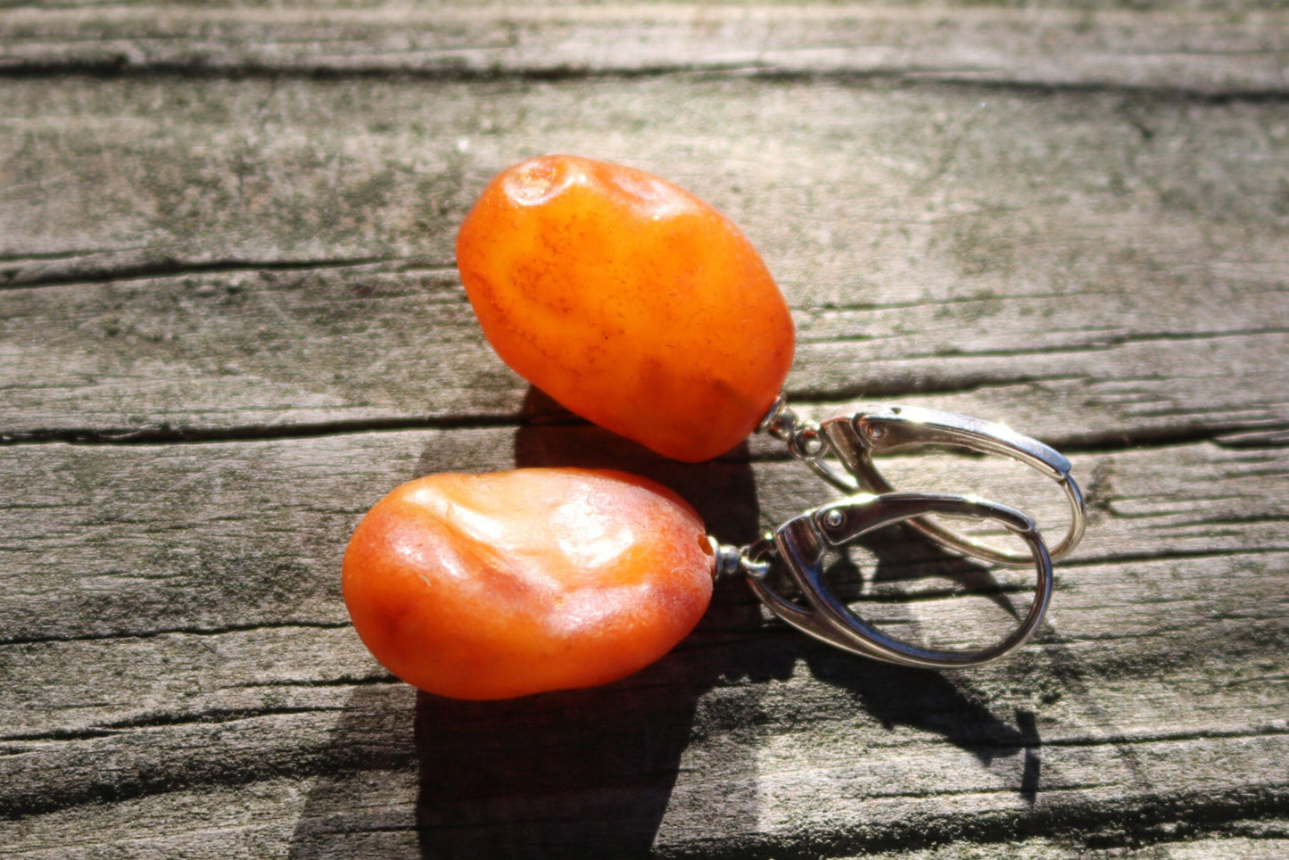 Baltic Amber Earrings Nugget Drop Caramel Natural Untreated Jewelry 1.61" 4.6 gram 925 silver