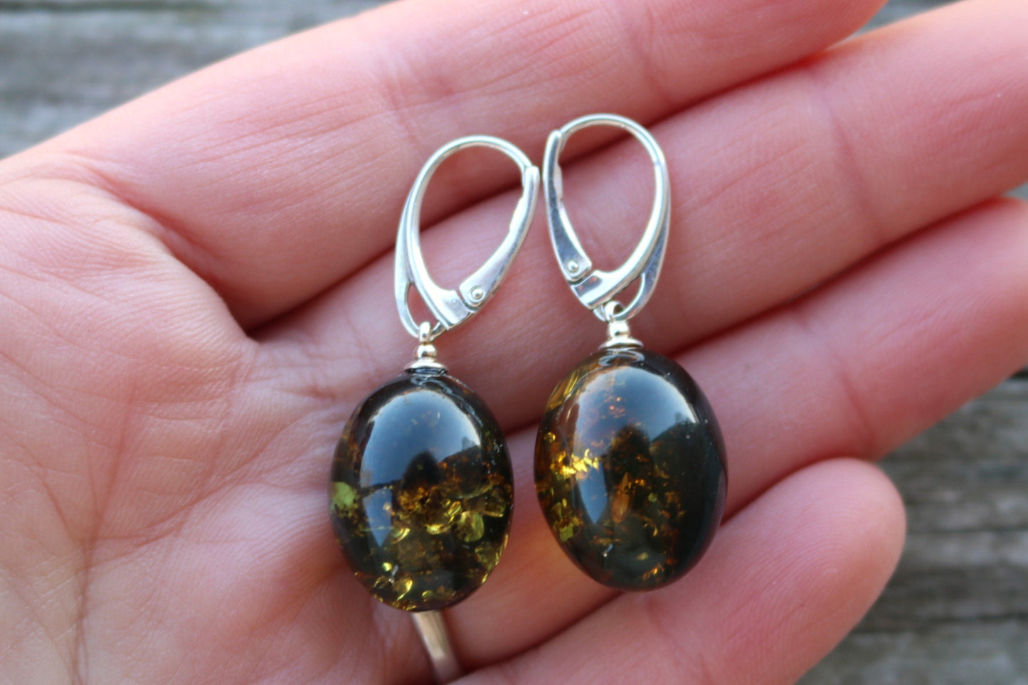 Baltic Amber Earrings Green Egg Shaped Natural Dangle 1.55" 6.5 gram 925 silver