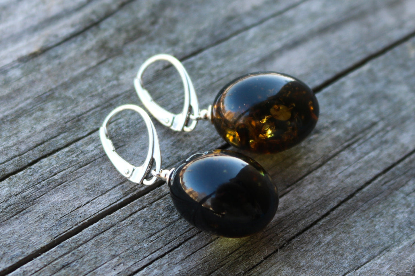 Baltic Amber Earrings Green Egg Shaped Natural Dangle 1.55" 6.5 gram 925 silver