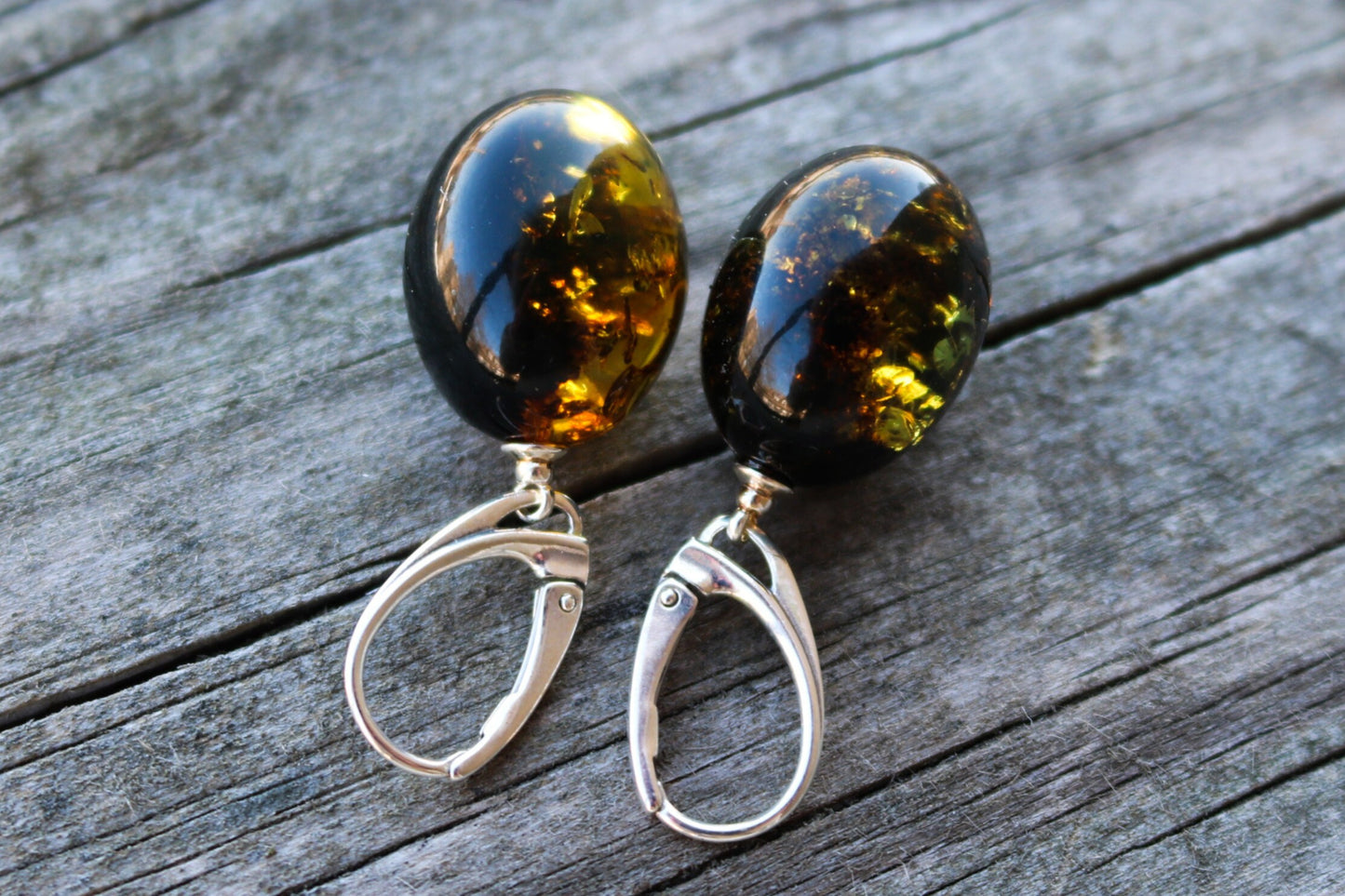 Baltic Amber Earrings Green Egg Shaped Natural Dangle 1.55" 6.5 gram 925 silver