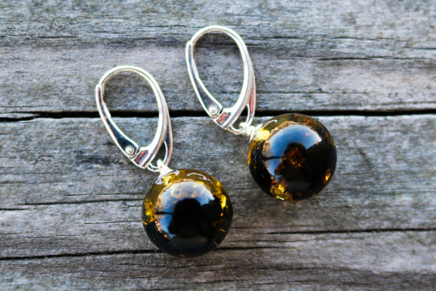 Baltic Amber Earrings Green Ball Natural Dangle 1.34" 4.4 gram 925 silver