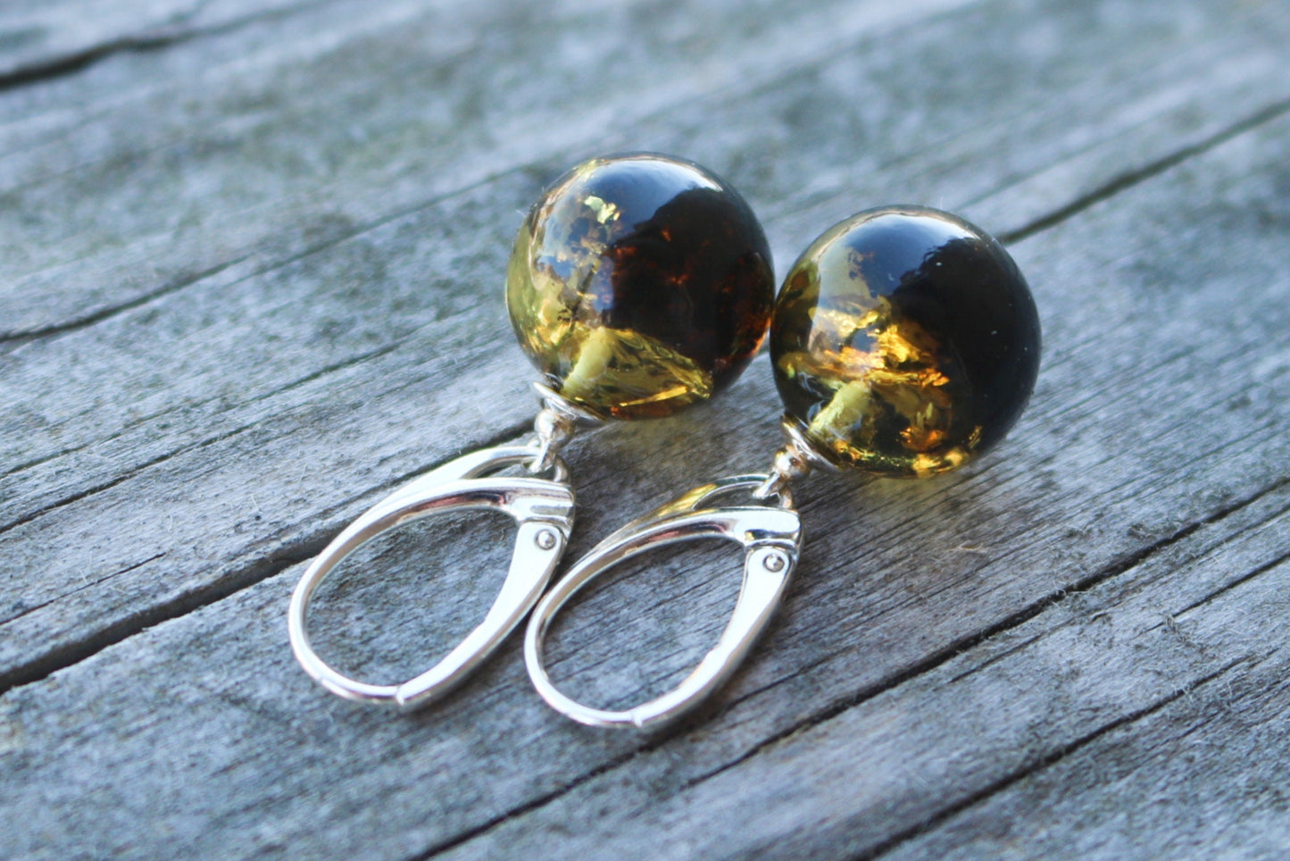 Baltic Amber Earrings Green Ball Natural Dangle 1.34" 4.4 gram 925 silver