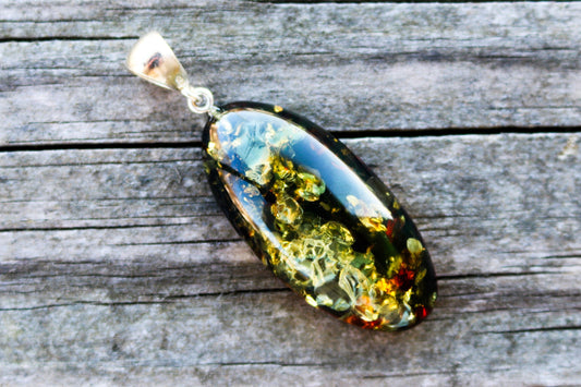 Baltic Amber Pendant Sparkling Green Oval Unisex Jewelry 2.4" 8.9 gram 925 Silver